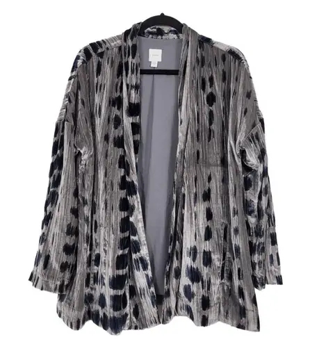 NEW J. JILL SHIBORI PRINT CRUSHED VELVET OPEN FRONT CARDI GRAY NAVY JACKET S T