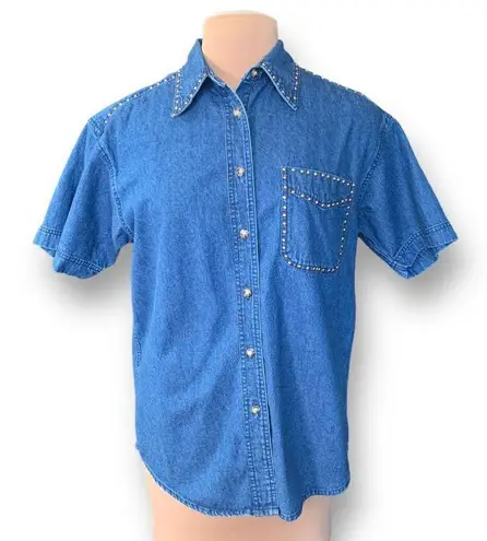 Vintage Sunbelt Denim Shirt Medium Wash Chambray Denim Short Sleeve Gold Stud Blue
