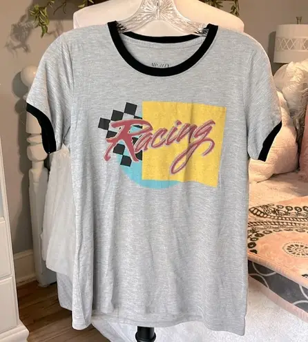 Mighty fine Comfy Car Racing Tee Short Sleeve Shirt Gray Top Womens L - Image 1