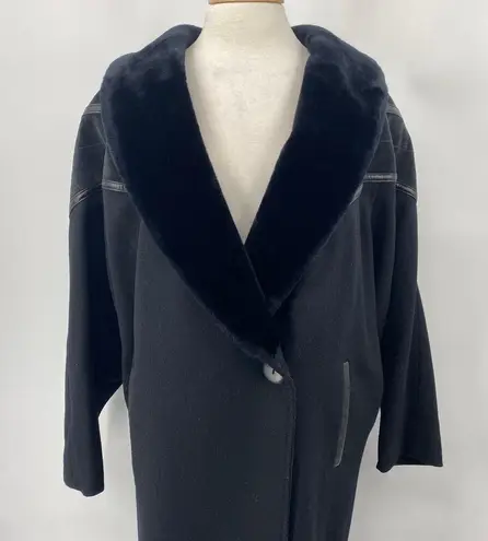 Vintage Wool Coat Oversized Faux Fur Collar Suede Leather Detail Black Womens XL