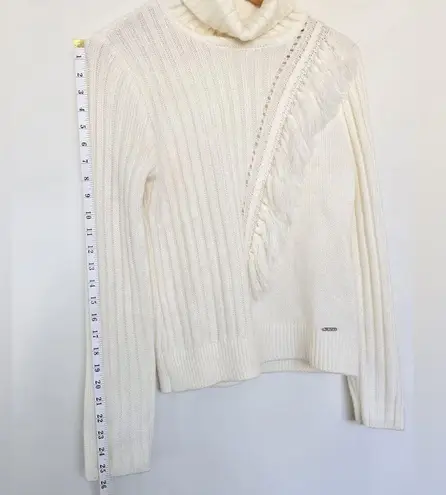 DKNY  Ivory Fringe Knit Ribbed Turtleneck Sweater Top, Size Medium.