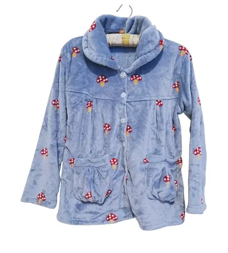 Mushroom Plush Pajama Lounge Set Button Front Top & Pants XL Cozy Indie Fairy Blue - Image 1