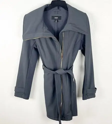 Avanti Dark Gray Belted Front Zipper Knit Side Panels Trench Coat, Size Medium