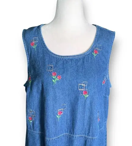 Vintage Denim Sleeveless Jumper Dress Pink Embroidered Floral Design Scoopneck Blue Size M