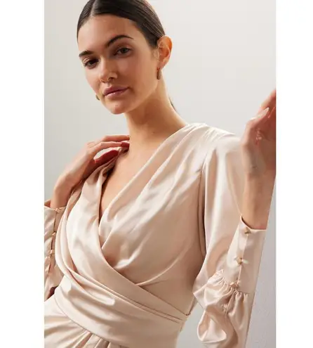 Mac Duggal Champagne Gold Long Sleeve Faux Wrap Slit Satin Evening Gown Size 12