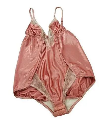 Vintage Sear Shiny Pink Satin Teddy Bodysuit Peek a Boo V Neck Womens Size 32