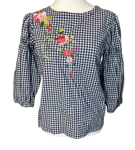 Melissa Paige Blue White Gingham Embroidered Blouse Puff Sleeves Small Petite