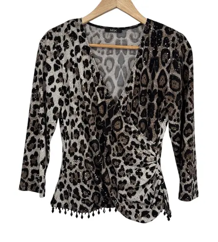 Vintage MSK Crossover Top Womens Small Brown Animal Print Mob Wife Beaded Sequin
