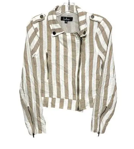 Lulus Vacation Signature Taupe Ivory Striped Crop Moto Jacket Zip Front Women XS