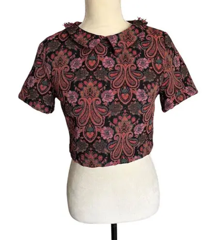 Fashion Union Women's Floral Collared Crop Top Blouse Size 6 Tapestry Retro