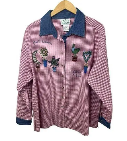 Quacker Factory Rose Red Gingham Button Shirt Denim Plants 1X Spring Top Checks