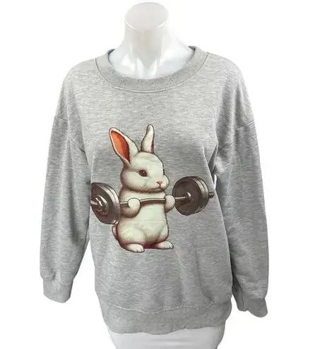 Weightlifting Rabbit Gray Graphic Long Sleeve Crew Neck Sweatshirt Sweater Top S