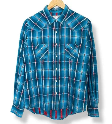 Panhandle Western Shirt Plaid Women Size Medium Blue Pearl Snaps Cotton Cowgirl