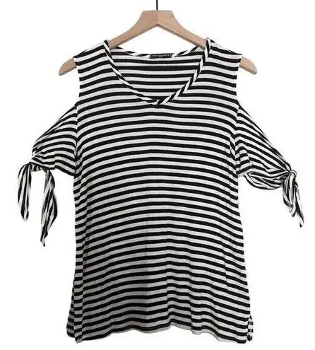 Cha Cha Vente Black White Striped Open Cold Shoulder Tie Sleeve Shirt Blouse Top Size L