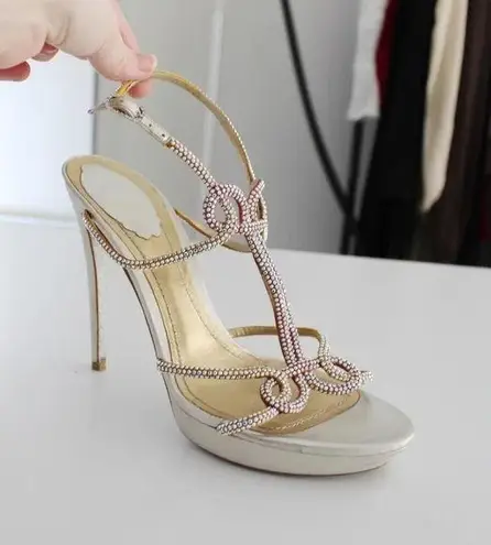 Rene Caovilla Vintage Satin Leather Crystal Embellished Stiletto Heels Size 38.5