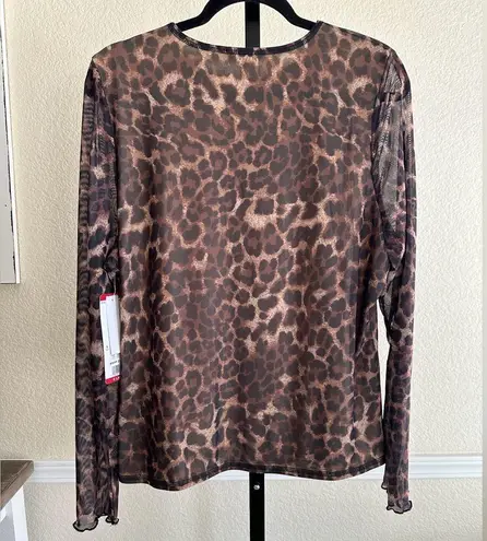 New Animal Print Top Blouse XL Leopard Stretch Mesh Shirt Lightweight Lined Edgy Brown