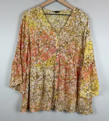 Unique spectrum Top Women's 2X Multicolor Floral Ball Sleeve V-Neck Blouse Bloom