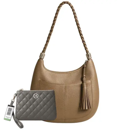 Badgley Mischka NWT Vegan Leather Quilted Wristlet Clutch Grey Gold-Tone Logo