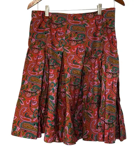 Vibrant Colorful Paisley Print Gene Meyer Midi Pleated Zippered Skirt, Size 6 Red