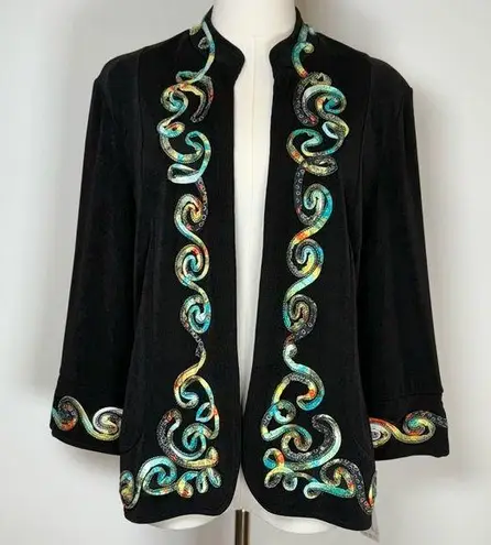 NWT Picadilly Fashions Open Cardigan 3/4 Sleeve Multicolor Appliqué Petite Small Black Size undefined