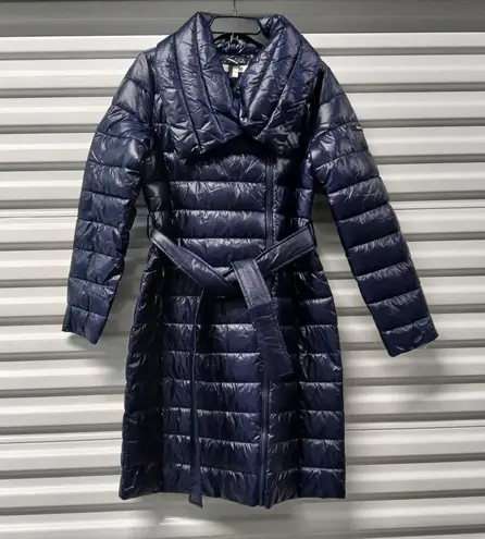 via spiga Asymmetrical Belted Puffer Coat Women's Medium Blue Winter Outerwear