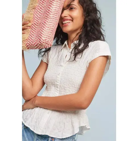 Maeve Anthropologie Bellamy Button Down Smocked Shirt Cotton Linen in White XS