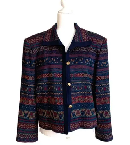 Lee Vintage Henry  Blazer Navy Multicolored Print Cardigan Jacket Size 16 Petite