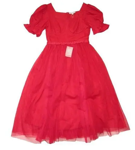 NWT Ivy City Co. Ballerina Midi in Red Tulle Puff Sleeve Fit & Flare Dress M Size M