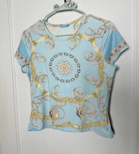 J. McLaughlin Blue Gold Catalina Cloth Equestrian Chain Short Sleeve Top M