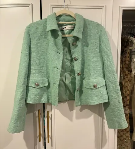 ZARA  Aquamarine Textured Weave Cropped Jacket L - Image 1