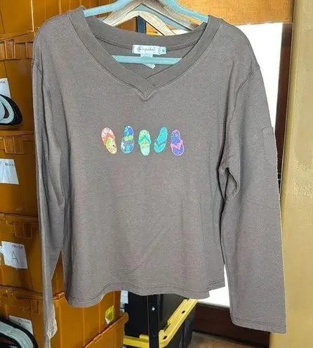 Fresh Produce Brown Flip Flips Long Sleeve Sweatshirt w/ Sleeve Pckt Size Medium