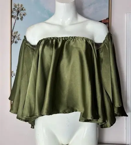 Missguided  Green Olive Satin Bardot Off The Shoulder Blouse Top Size 12 Large