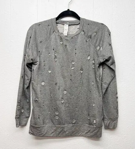Body Language Perforated Distressed Sweatshirt XS Lightweight Athleisure Casual Gray