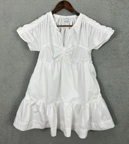 Tanya Taylor White Tiered Ruffle Babydoll Mini Dress XS Puff Sleeve Boho Chic