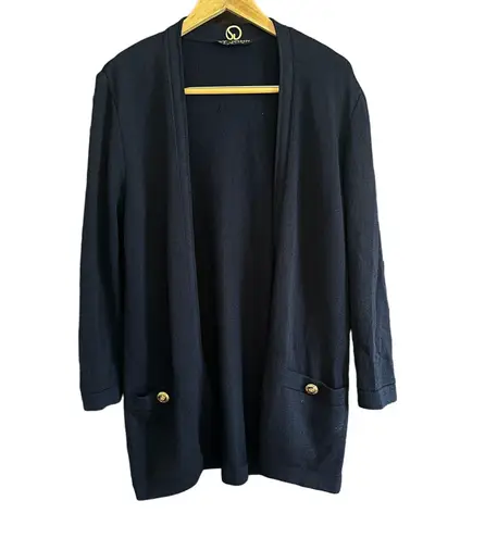 St. John | Santana Knit Navy Blue Long Cardigan with Gold & Enamel Buttons Sz M