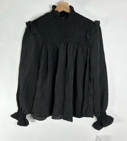 French Connection  Black Long Sleeve Boza Crinkle Smocked Blouse XS NWT