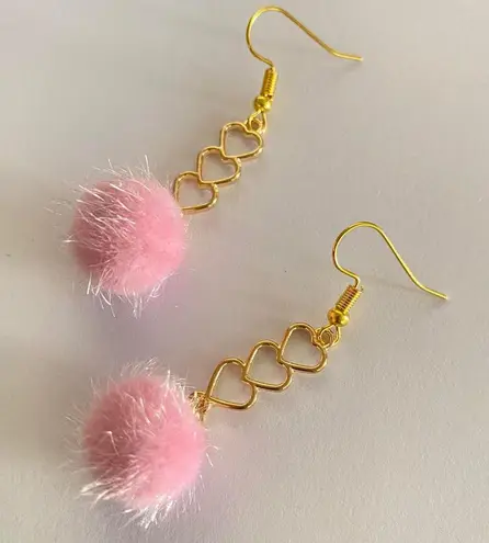 Handmade Earrings Heart Pink Pompom Dangle Kawaii y2k