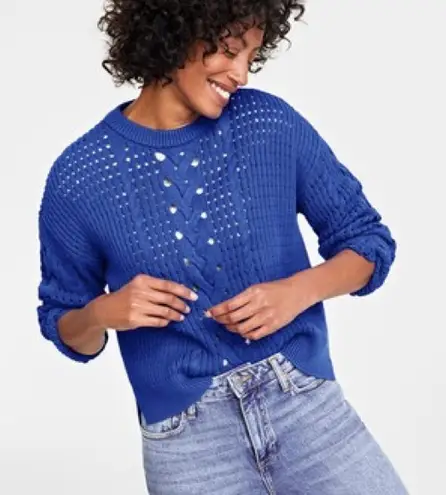 NWT ON 34th Cozy Sweater Womens XS Blue Cable Knit Crewneck Textured Preppy