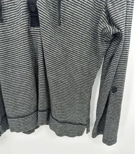 LRL Black Gray Striped Pullover Henley Hoodie Shirt Roll Tab Women XL Cotton