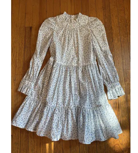 Tish Cox Dress Womens XXS White Blue Floral Ruffle Neck Long Sleeve Tiered Boho