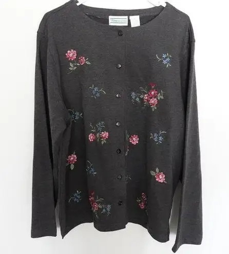 Vintage Shenanigans Charcoal Grey Floral Embroidered Button Cardigan Granny Gray Size XL