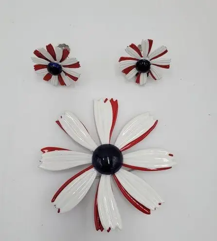 Daisy Womens Jewelry Set White Red Cute Enamel  Flower Pin and Earrings Set