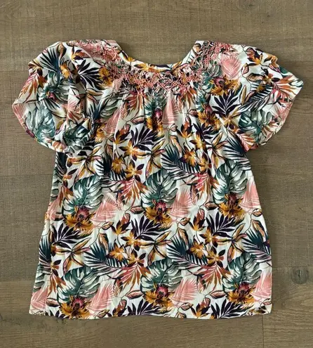 Garnet Hill poetica smocked floral tropical blouse