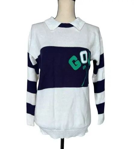 Vintage 80s Quantum Preppy Golf Navy and White Striped Sportswear Sweater Size S Blue