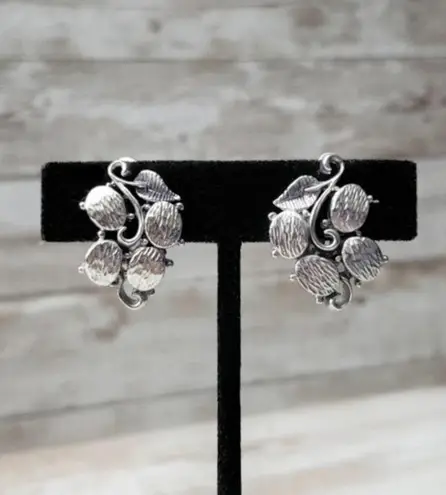 Vintage Clip On Earrings Silver Tone Bunch of Grapes Statement Earrings