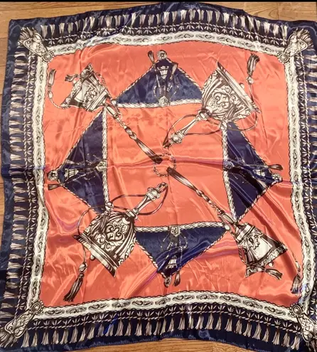 Vintage Large Antique Bells &Tassels blue/orange SQUARE SILKY SCARF 35/35 Orange