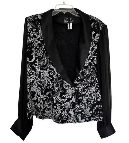 Alex Evenings Black Paisley Print Satin Shawl Collar Chiffon Long Sleeve Jacket