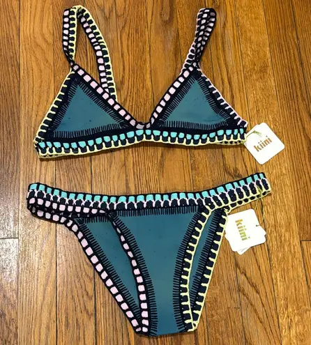 kiini NWT Flor Teal multi Crocheted Swimsuit bikini swim set size L specks