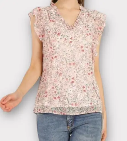 Allegra K New Women's Ruffle Tops Casual V Neck Floral Blouse Pink X-Small