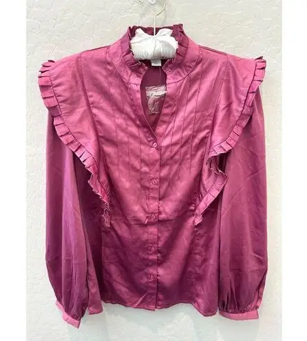 CALLIGRAPHIE | Ruffle Trim Satin Blouse Magenta Pink Victorian Style NWT Medium